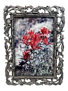 Ornate Silver Metal Picture Frame with Floral Design Photo For 4"x6" Photos